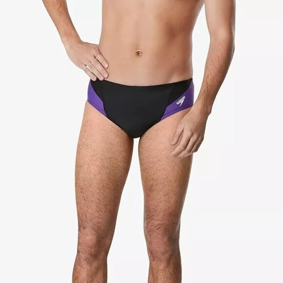 Speedo Men's Swim Briefs Size 36 Black Purple Team Endurance Swimming Water Polo - Picture 2 of 5